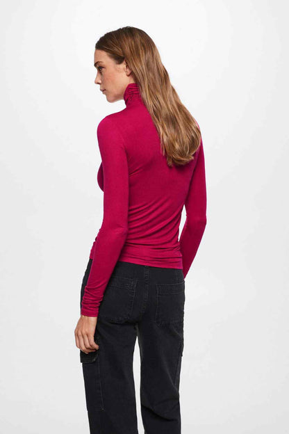 Women's long-sleeve turtleneck top, strawberry magenta, side view