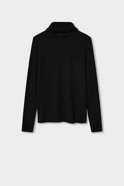 Black long-sleeve turtleneck top with mock neck, laid flat