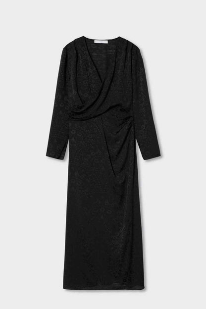 Black V-neck wrap midi dress flat lay, long sleeves, textured floral print