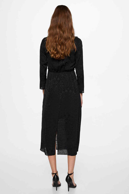 Back view of black V-neck wrap midi dress with long sleeves and slit hem