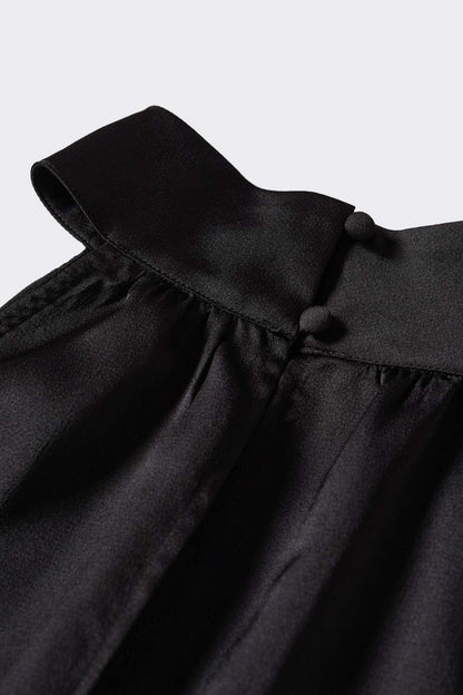 Black gathered high-neck blouse yoke with small button detail