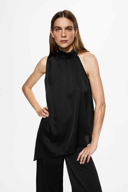 Black sleeveless high-neck blouse with gathered neckline and asymmetric draped hem