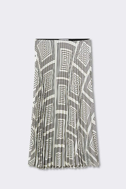 Pleated midi skirt with full geometric line pattern, tassel hem