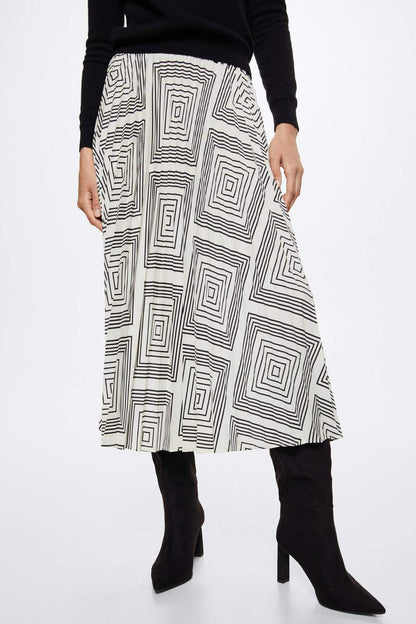 Pleated midi skirt with abstract square-spiral line print on white