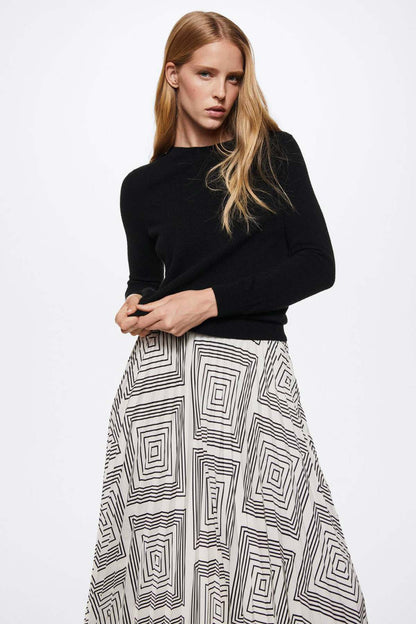 Mango pleated midi skirt with black geometric line print on white