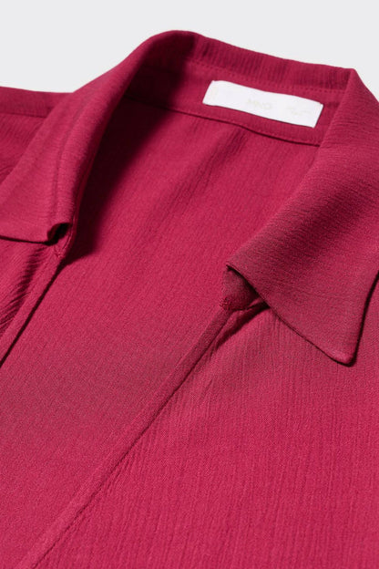 Deep red blazer fabric and inner label, notched collar detail