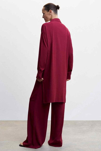 Women’s deep red long tie-front blazer, back view, notched collar and long sleeves