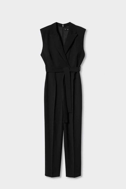 Black sleeveless wrap jumpsuit with tied waist, V-neck, straight pants