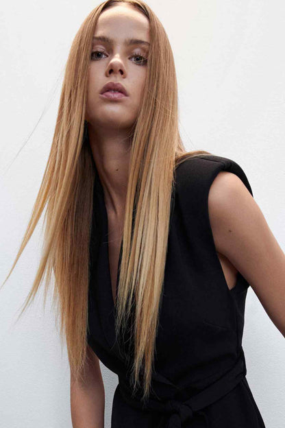 Black sleeveless V-neck jumpsuit with tied waist belt detail