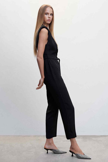 Black sleeveless jumpsuit with tied waist, cropped straight legs