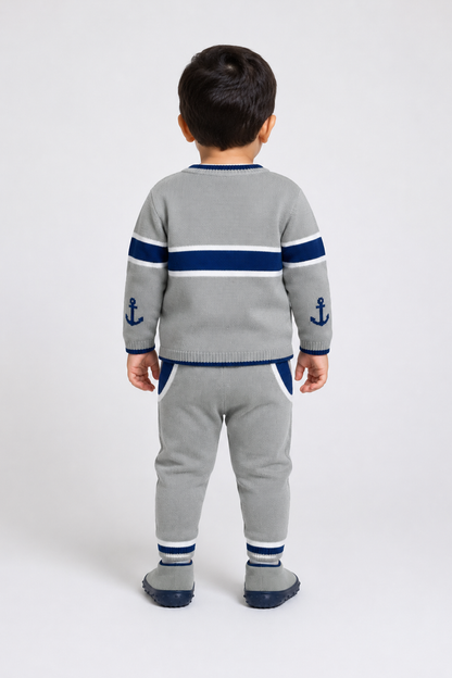 Grey knit baby top and jogger pants set, blue-and-white stripe back with anchor details