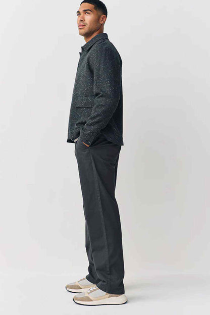 Dark grey straight trousers with belt loops and single back pocket