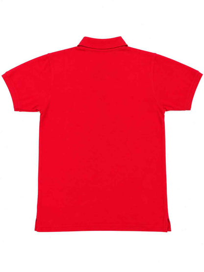 Red polo shirt back view with ribbed collar and short sleeves