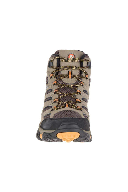 Merrell walnut hiking boot back view, padded heel, lace-up with grippy rubber outsole