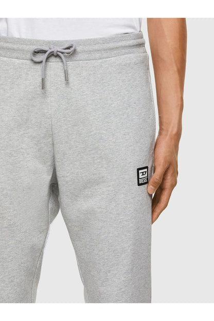 Light grey sweatpants with drawstring waistband and small side logo patch