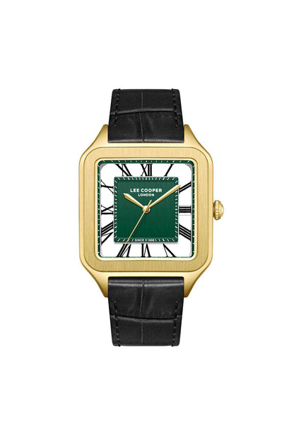 Square gold-tone watch with black leather strap, green dial and Roman numerals