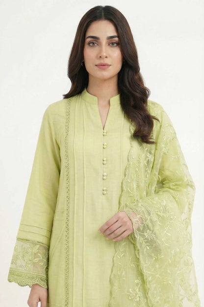 Light green embroidered kurta with button placket and lace detailing, with floral dupatta