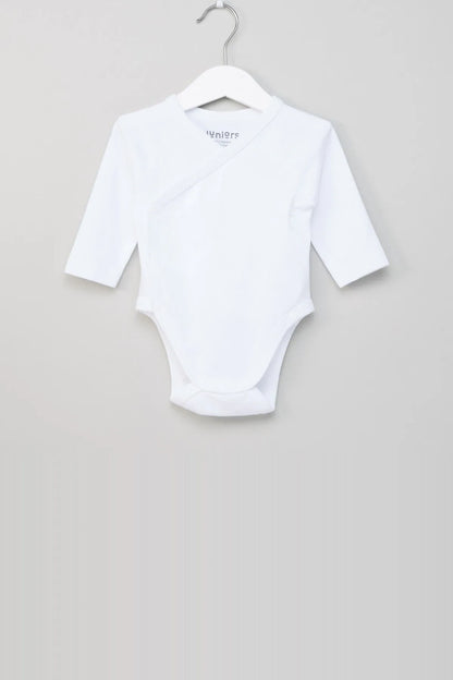 White baby bodysuit with long sleeves and crew neckline
