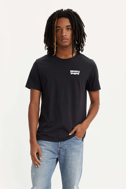 Black crew-neck T-shirt with small chest logo