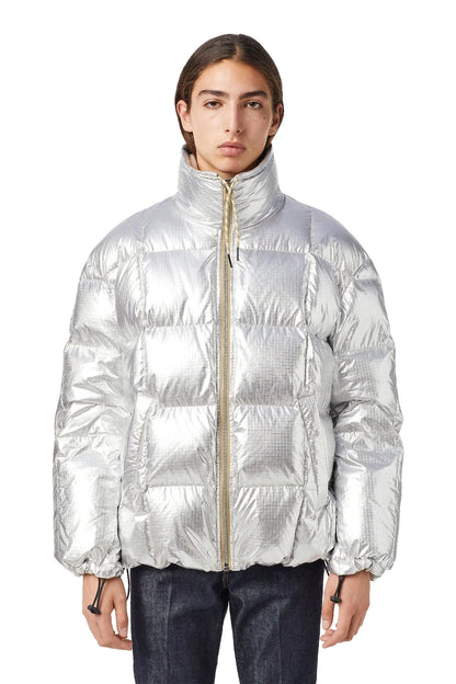 Silver metallic puffer jacket, full-zip with stand collar and ribbed cuffs