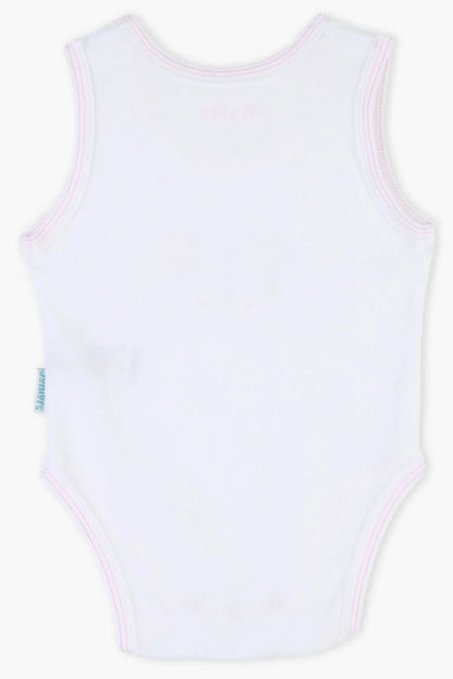 BABYSHOP baby bodysuit, sleeveless white with pink trim, no front print visible