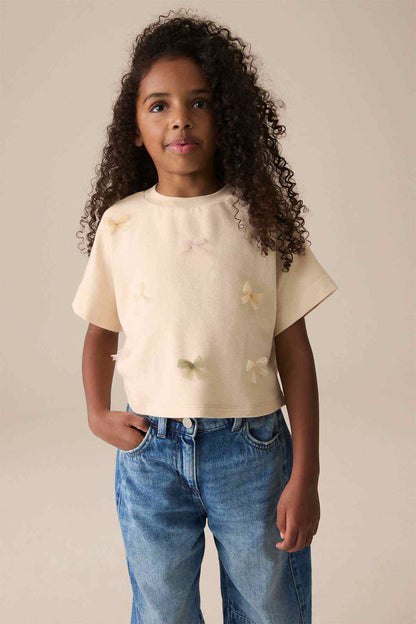 Ecru kids T-shirt with butterfly and flower embroidery, short sleeves