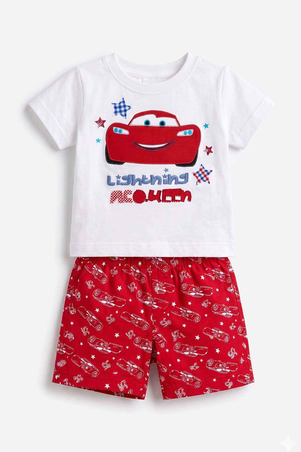 Kids' white graphic T-shirt and red character shorts set, flat lay