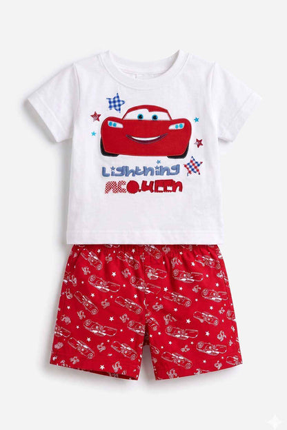 Kids' white graphic T-shirt and red character shorts set, flat lay