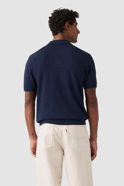 Levi's blue polo shirt back view with short sleeves and collar