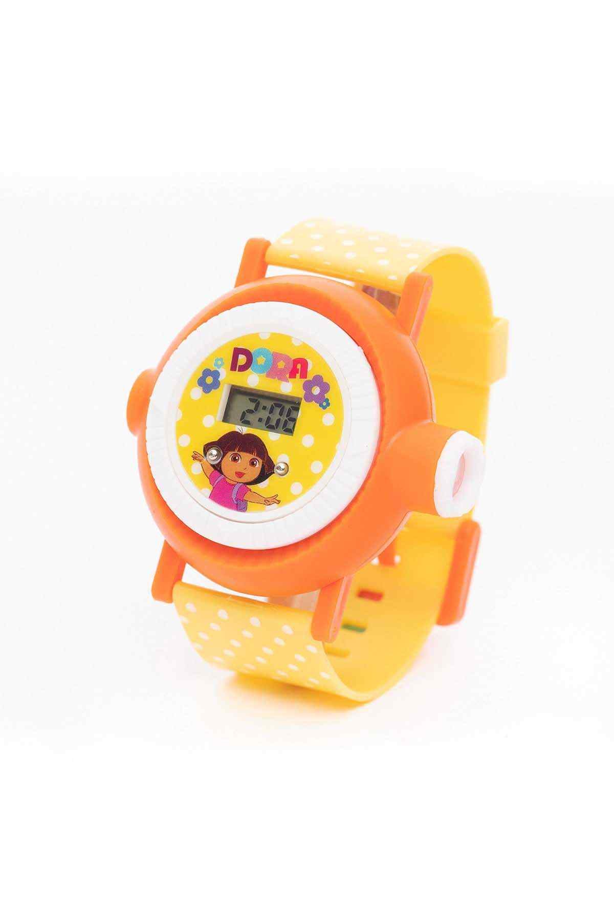 Kids orange and yellow wristwatch, angled view, round dial with Dora character