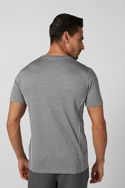Grey short-sleeve crewneck T-shirt, back view