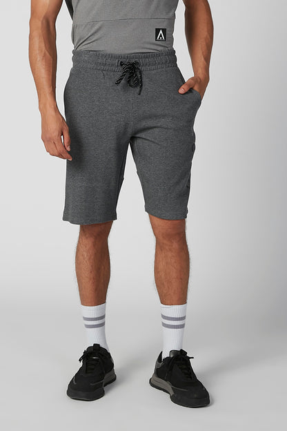 Splash grey shorts with black graphic waistband patch and front drawstring