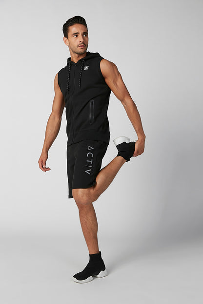 Men's black sleeveless vest and matching athletic shorts with drawstring waist