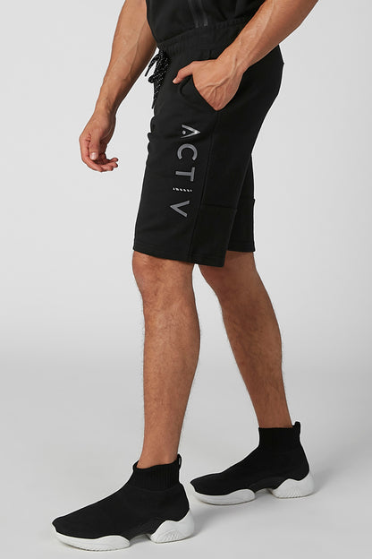 Men's black athletic shorts with ACTIV logo and lace-up side detail