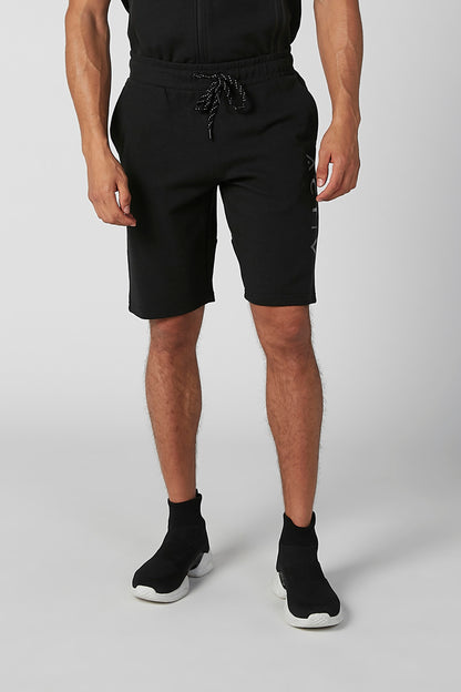 Men's black athletic shorts with black drawstring and side seams, mid-thigh length