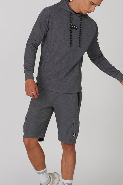 Men's grey heather hoodie and cargo shorts set, front view