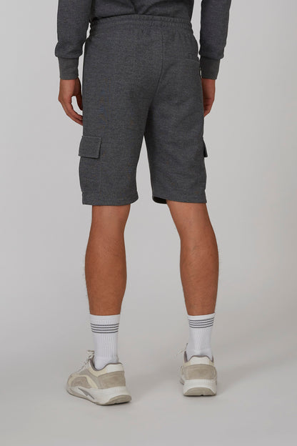 Men's grey heather cargo shorts, rear view with drawstring and side flap pockets