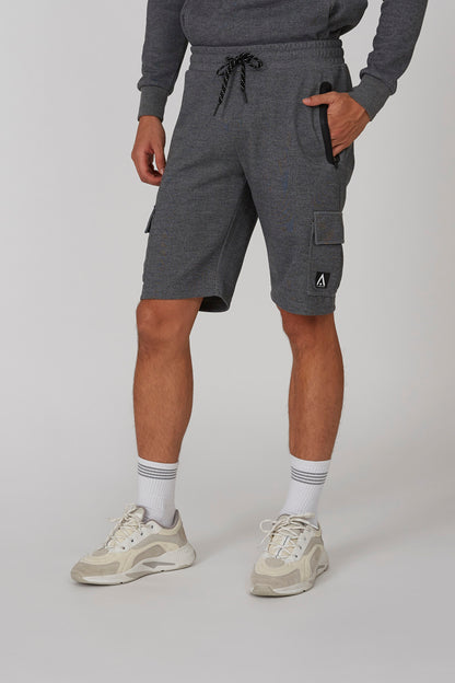 Men's grey heather cargo shorts with drawstring and side flap pockets