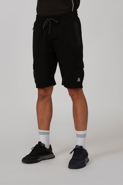 Black knee-length drawstring cargo shorts with side pocket and logo patch