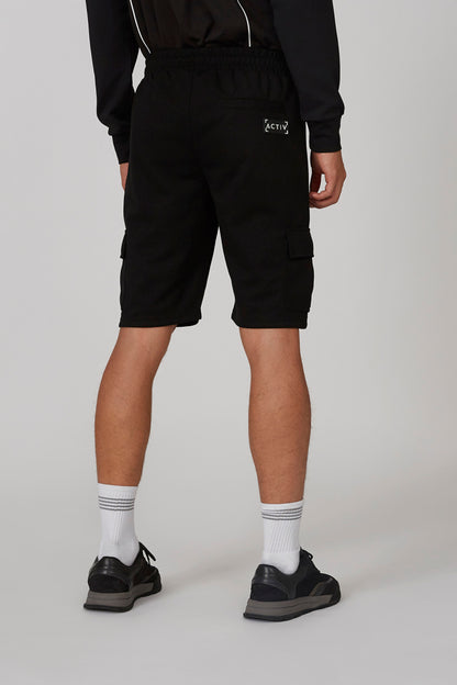 Black knee-length cargo shorts with back logo