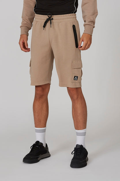 Men's brown cargo shorts with drawstring waist, side pockets, and patch logo