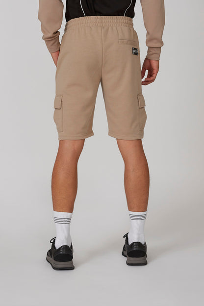 Men's brown cargo shorts with elastic waist, side cargo pockets, and knee length fit