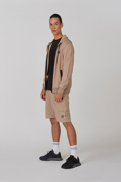 Men's brown cargo shorts with drawstring waist and knee-length side cargo pocket