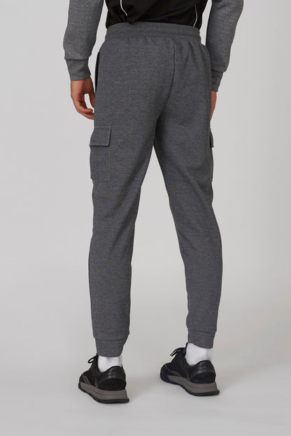 Grey back-view jogger pants with side cargo pocket and ankle cuffs
