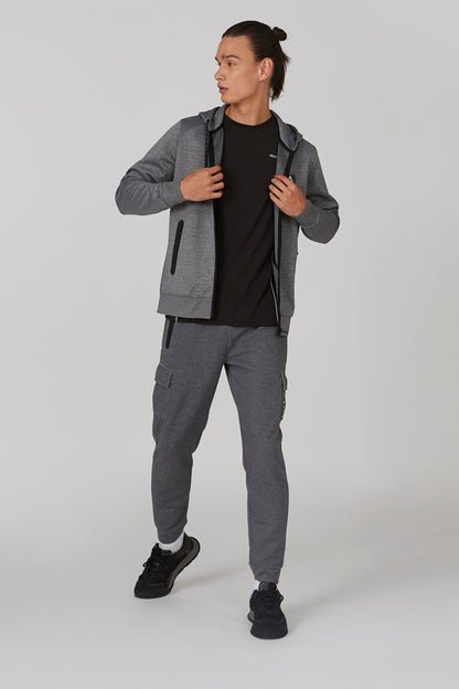 Grey jogger pants with elastic cuffs and side cargo pocket detail