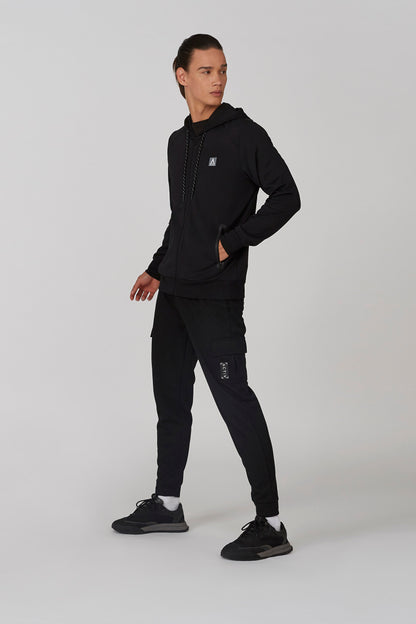Black pullover hoodie and cargo jogger pants with zip pockets, men's set