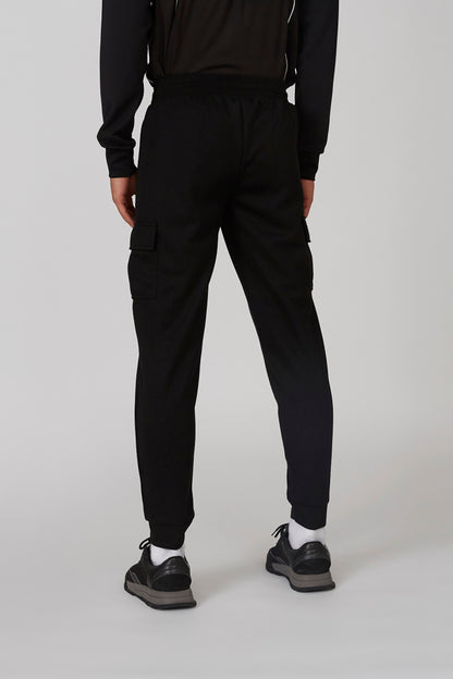 Black jogger pants with cargo pockets and elastic ankle cuffs, men's