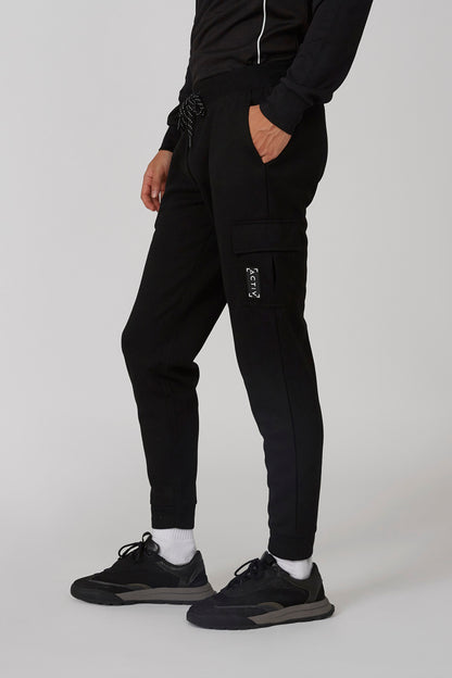Black cargo jogger pants with side pocket and ribbed ankle cuffs, men's