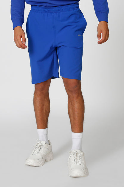 Blue Splash shorts with elastic waistband, mid-thigh length, side pockets