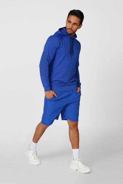 Blue hoodie and shorts outfit, hooded sweatshirt with drawstring and mid-thigh shorts